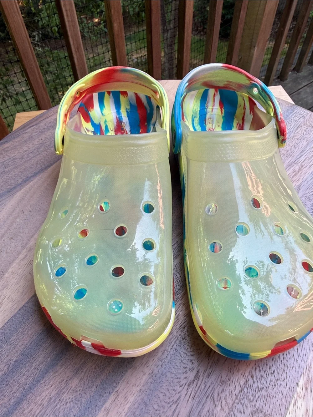 CROCS Iridescent Yellow Clogs with Multicolor Trim - Picture 1 of 14